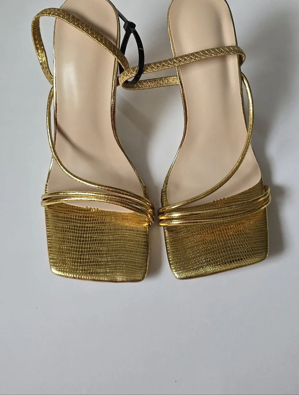 Gold Metallic Strappy Square-Toe Heeled Sandals